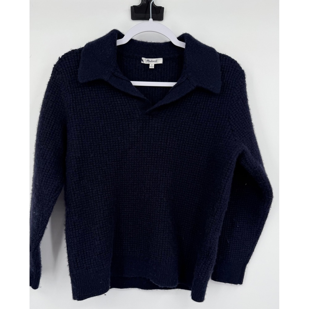 Madewell Navy Blue Waffle Knit Wool‎ Blend Polo Sweater Womens Size Medium